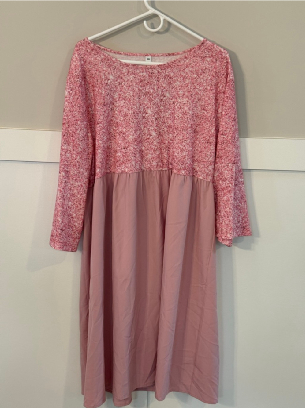 Women’s XXL Pink Floral Babydoll Midi Dress Long Sleeve Loose Boho Cottagecore